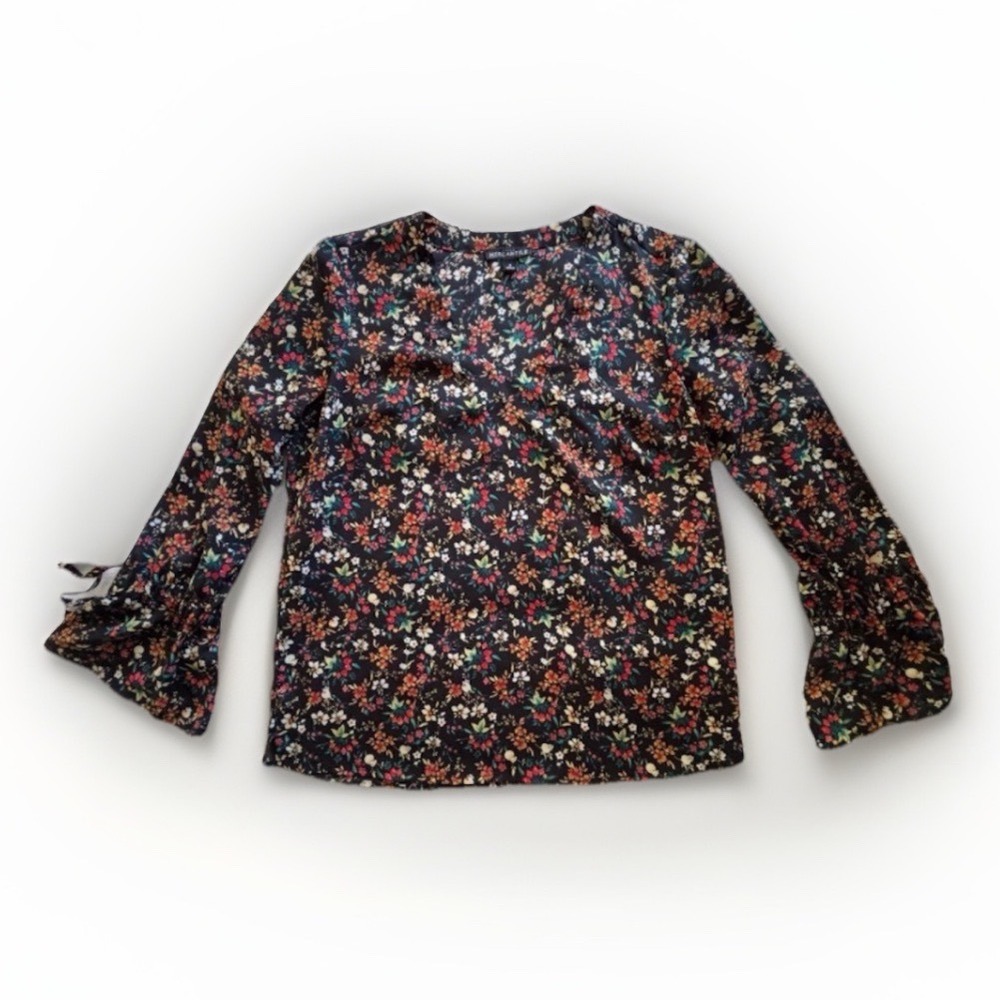 J.Crew Mercantile Floral Blouse Womens 2 Black V-Neck Bell Sleeve Tie‎ Cuff Boho